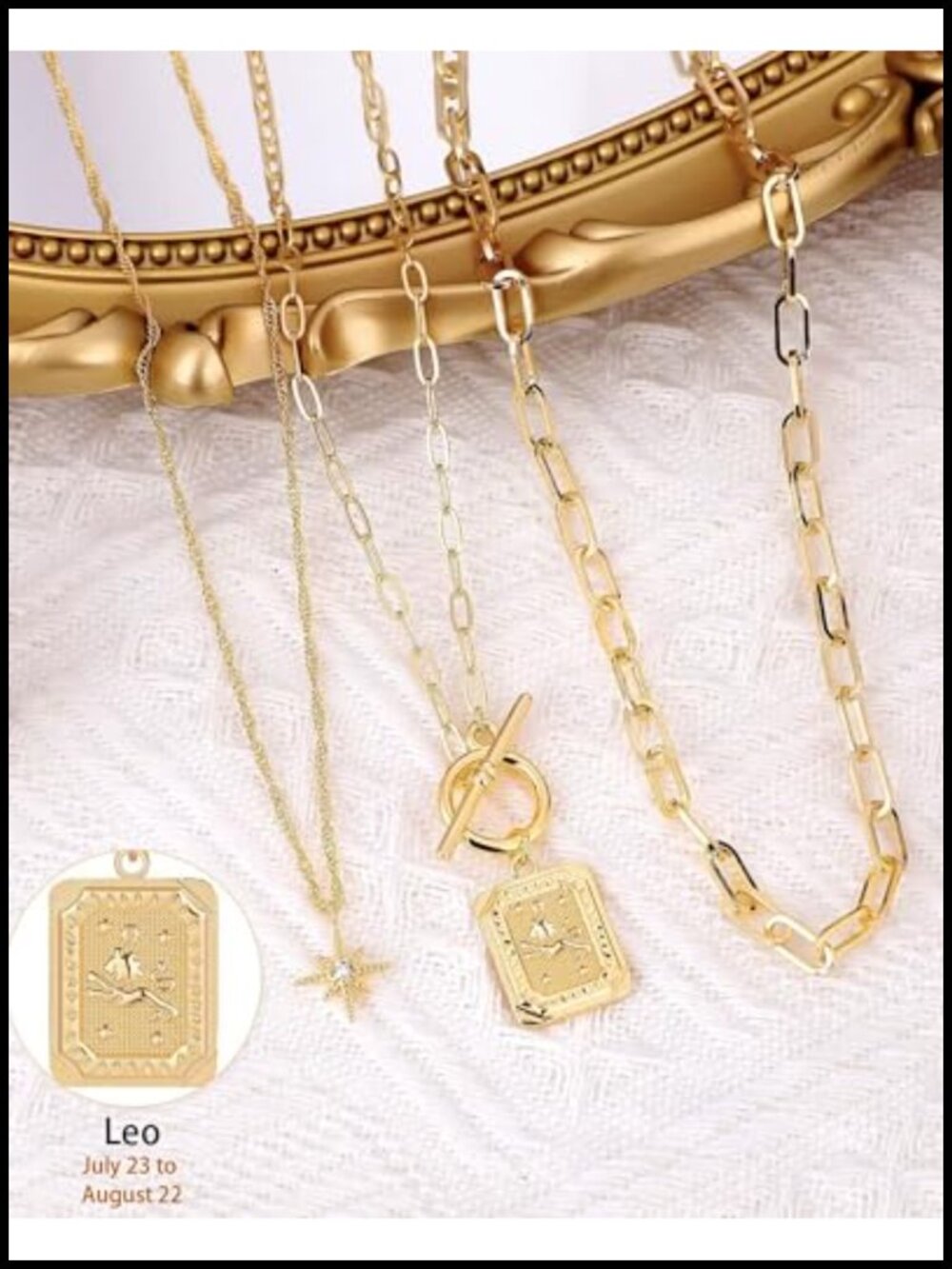 14K Gold Plated Brass Layered Necklace Set with Paperclip Chains and Zodiac - Picture 3 of 6